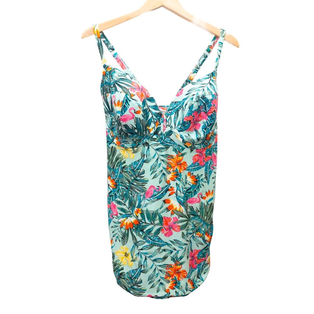 Swim by Cacique Tankini Women 40DDD Mint Tropical Flamingo NEW Underwire Ruched